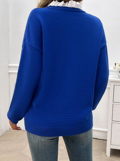 Lace Detail Notched Long Sleeve Sweater - Tote and Lounge