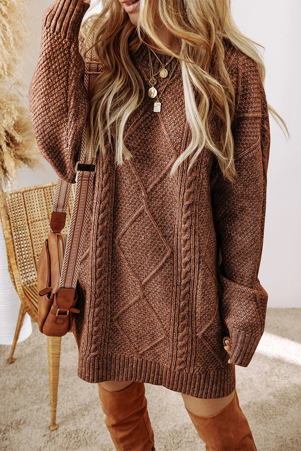 Cable-Knit Round Neck Sweater Dress - Tote and Lounge
