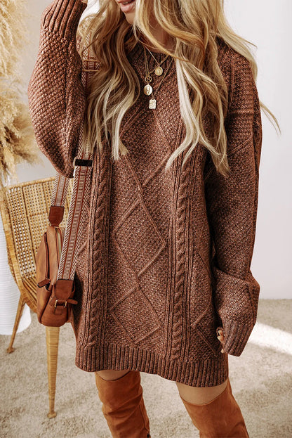 Cable-Knit Round Neck Sweater Dress - Tote and Lounge