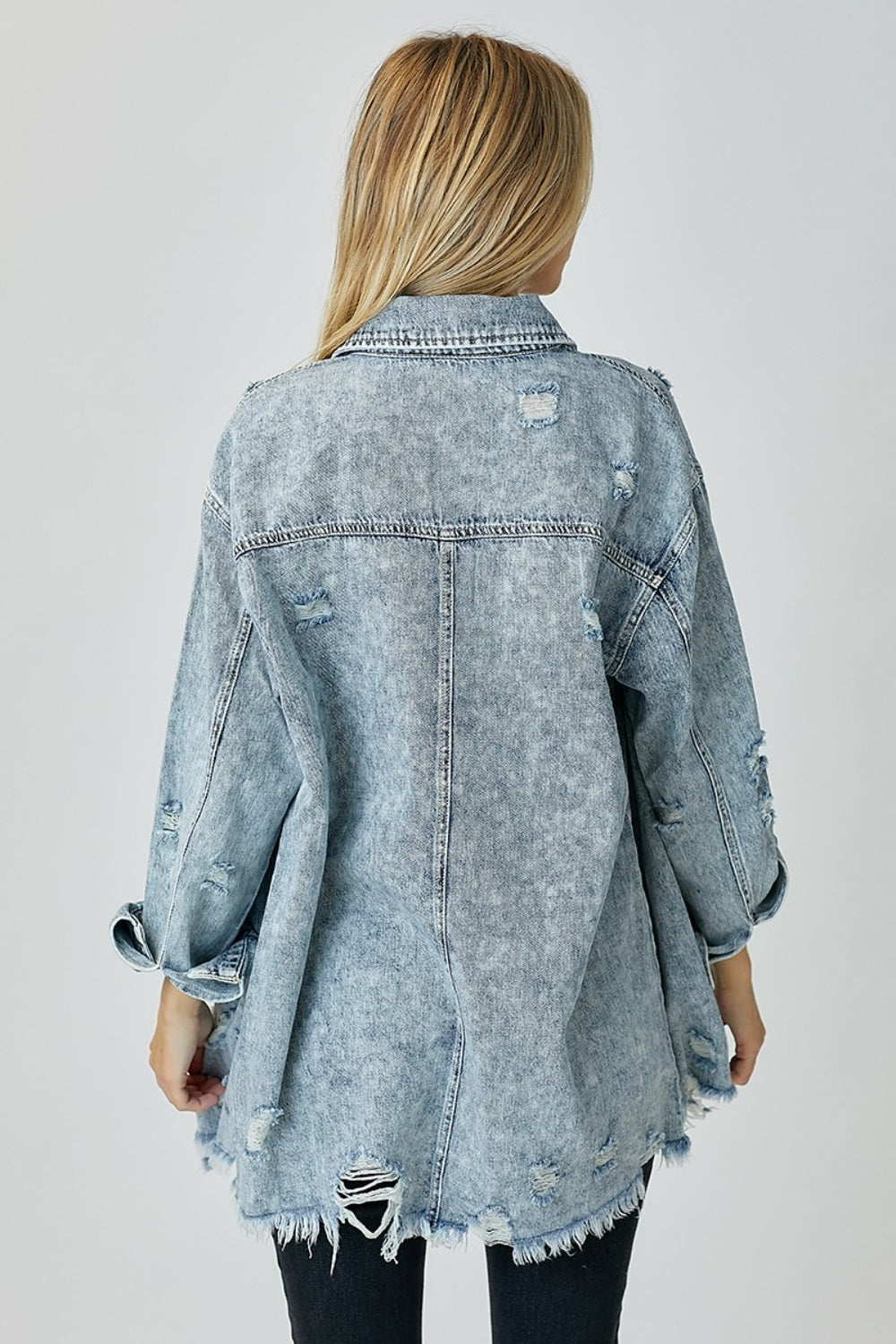 RISEN Distressed Raw Hem Denim Shirt - Tote and Lounge