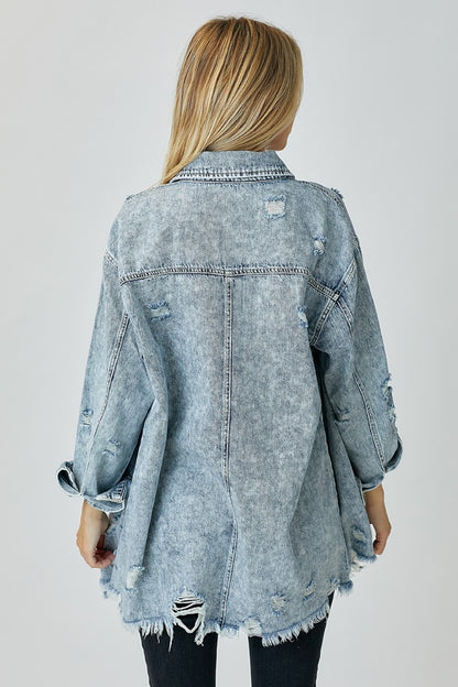 RISEN Distressed Raw Hem Denim Shirt - Tote and Lounge