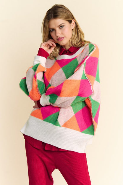 Davi &amp; Dani Exposed Seam Color Block Dropped Shoulder Sweater