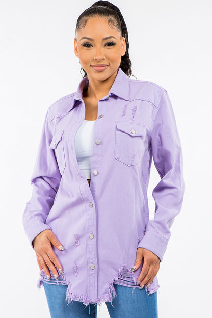 American Bazi Frayed Hem Distressed Denim Jacket - Tote and Lounge