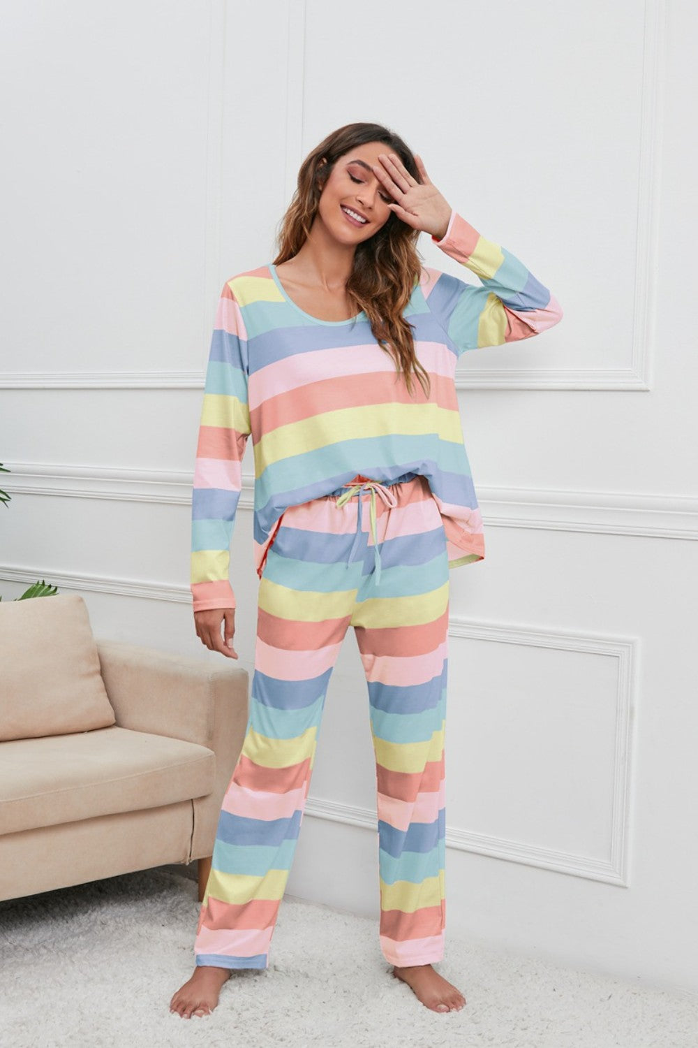 Striped Round Neck Long Sleeve Top and Drawstring Pants Lounge Set - Tote and Lounge