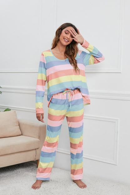 Striped Round Neck Long Sleeve Top and Drawstring Pants Lounge Set - Tote and Lounge
