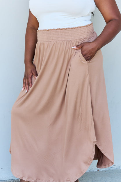 Doublju Comfort Princess Full Size High Waist Scoop Hem Maxi Skirt in Tan - Tote and Lounge