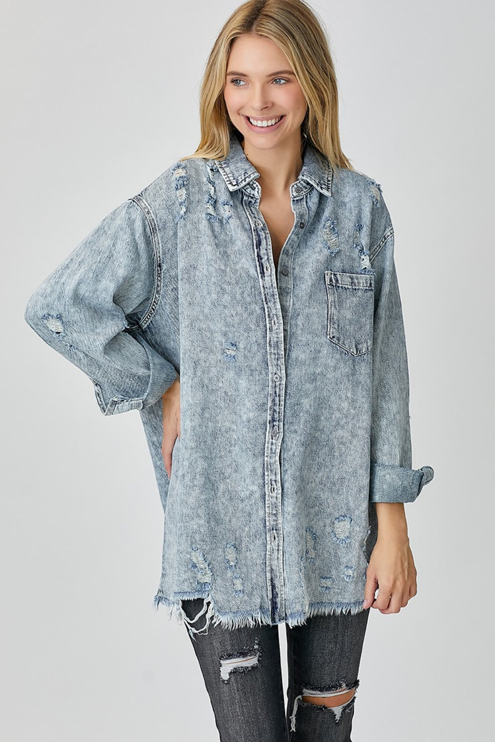 RISEN Distressed Raw Hem Denim Shirt - Tote and Lounge
