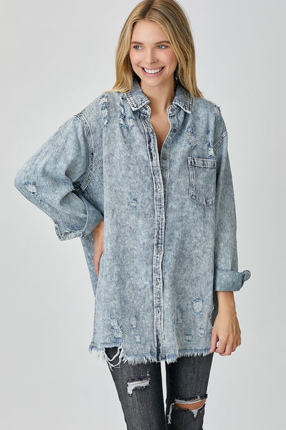 RISEN Distressed Raw Hem Denim Shirt - Tote and Lounge