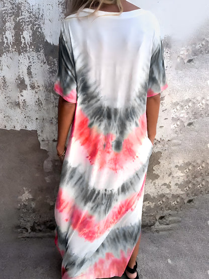 Full Size Pocketed Tie-Dye Short Sleeve Dress - Tote and Lounge