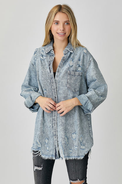 RISEN Distressed Raw Hem Denim Shirt - Tote and Lounge