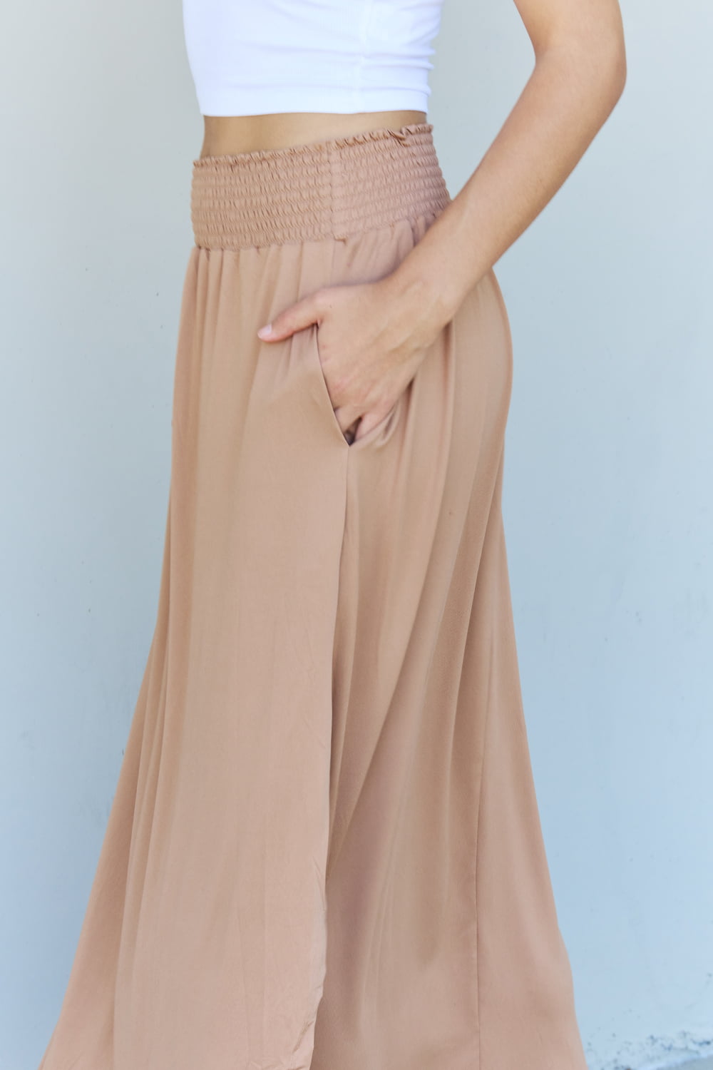 Doublju Comfort Princess Full Size High Waist Scoop Hem Maxi Skirt in Tan - Tote and Lounge