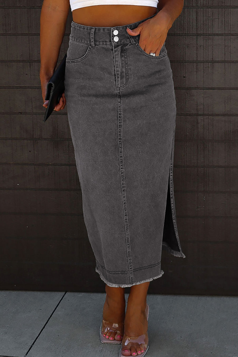 Raw Hem Slit Pocketed Midi Denim Skirt - Tote and Lounge