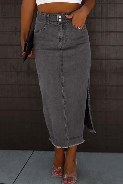 Raw Hem Slit Pocketed Midi Denim Skirt - Tote and Lounge
