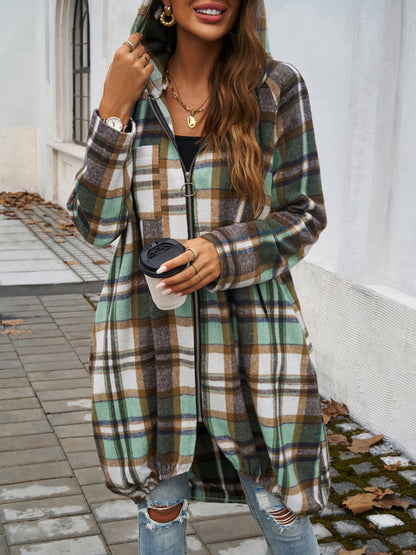 Plaid Zip Up Hooded Coat - Tote and Lounge