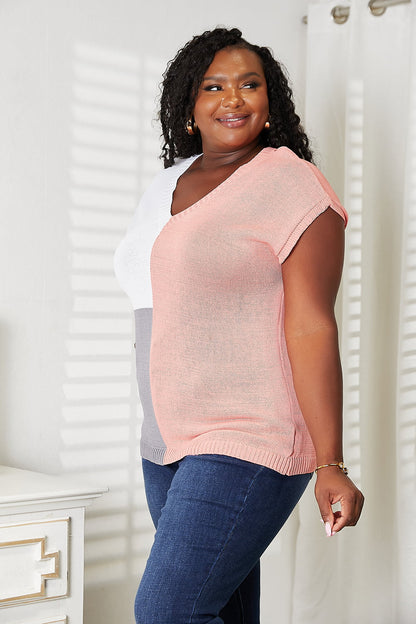 Color Block V-Neck Knit Top - Tote and Lounge