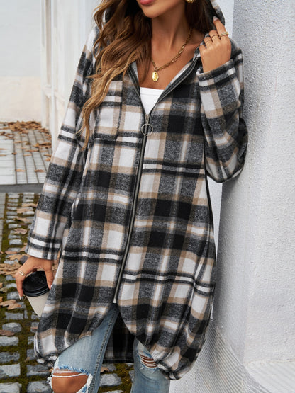 Plaid Zip Up Hooded Coat - Tote and Lounge