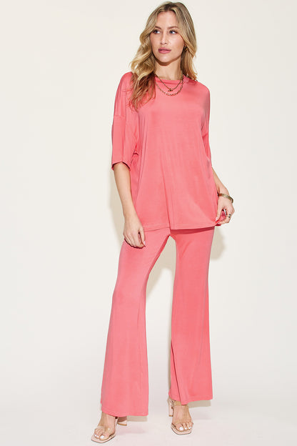 Basic Bae Full Size Bamboo Drop Shoulder T-Shirt and Flare Pants Set - Tote and Lounge