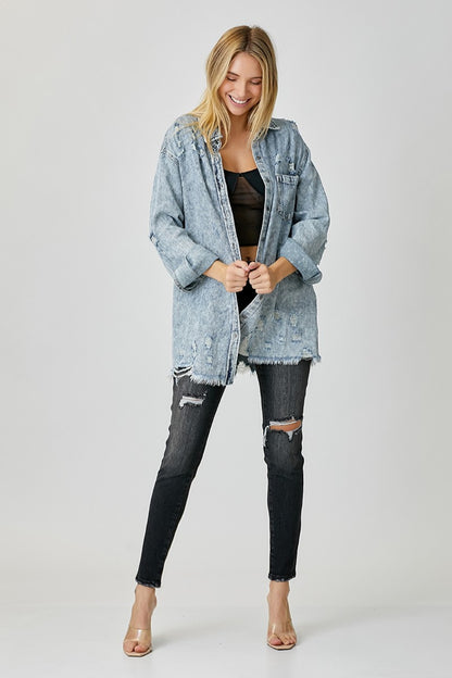 RISEN Distressed Raw Hem Denim Shirt - Tote and Lounge