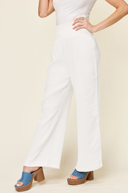 Double Take Full Size Texture Smocked Waist Wide Leg Pants - Tote and Lounge