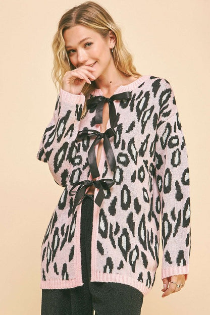 Davi &amp; Dani Leopard Ribbon Tie Front Loose Fit Cardigan