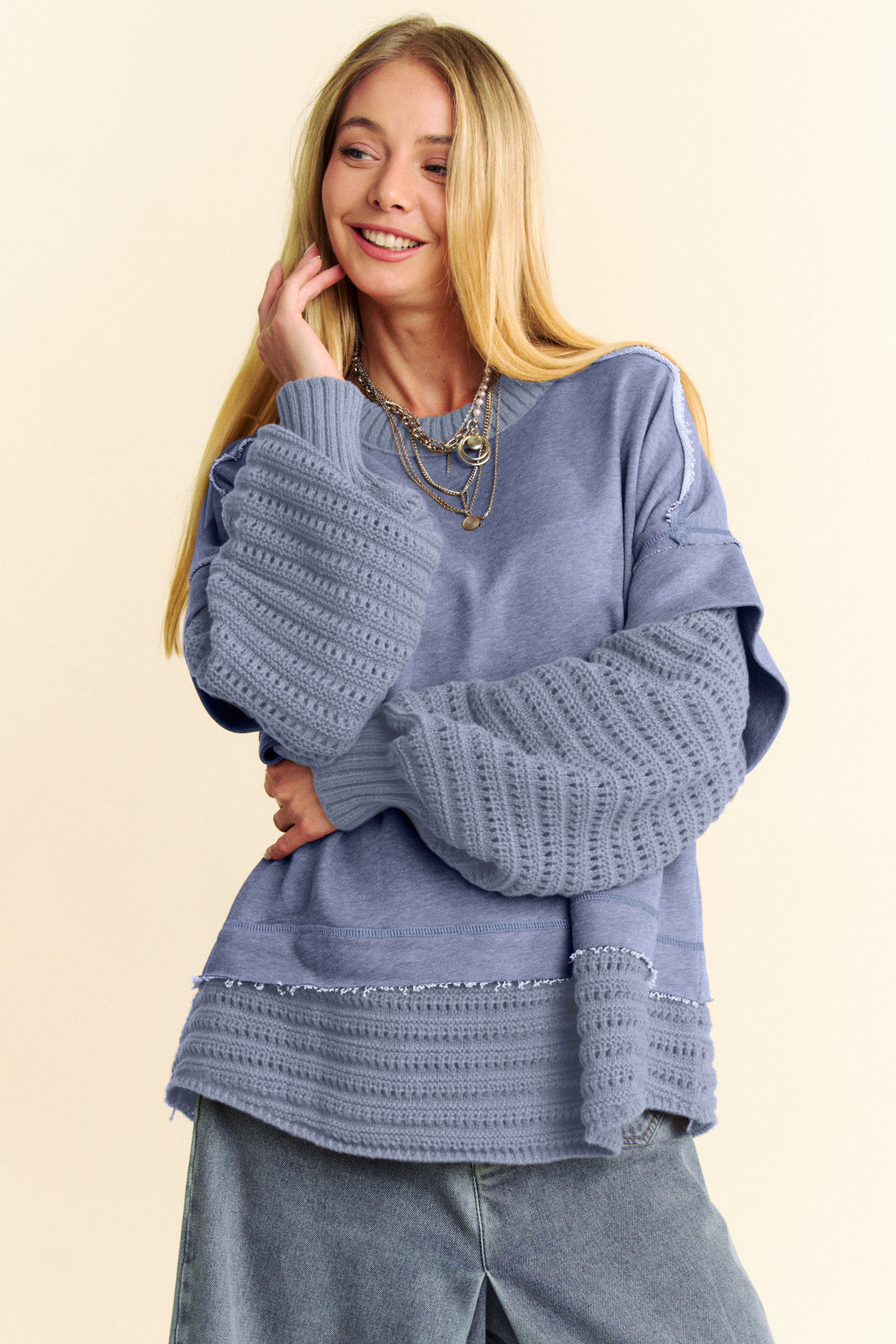 Davi &amp; Dani Faux Layered Round Neck Sweater