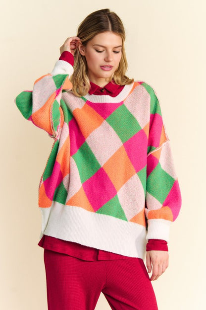 Davi &amp; Dani Exposed Seam Color Block Dropped Shoulder Sweater