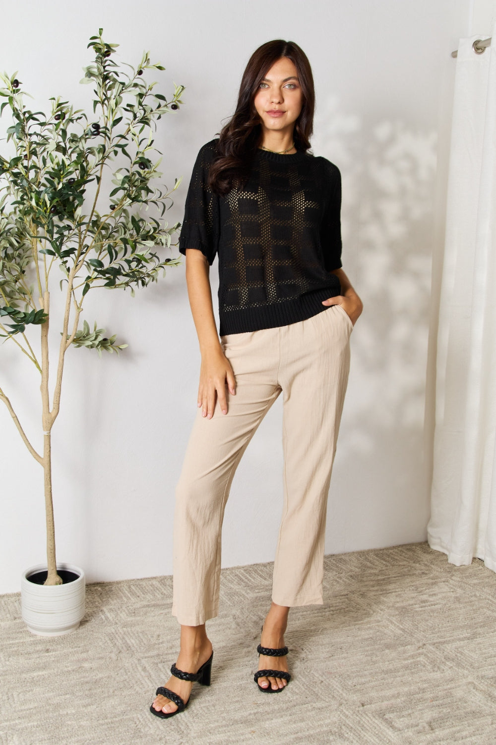 Ribbed Trim Round Neck Knit Top - Tote and Lounge