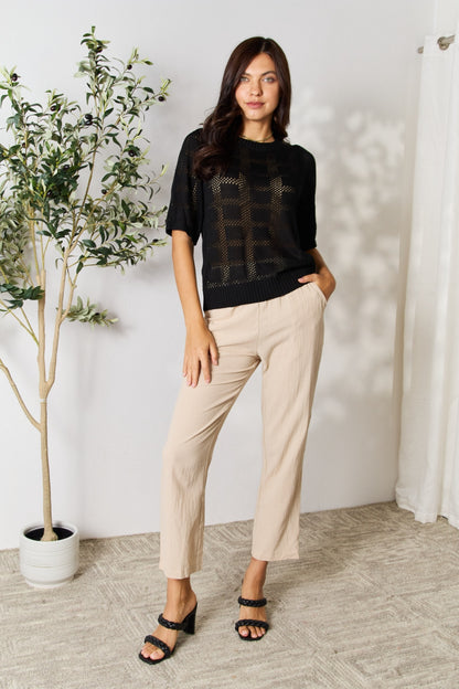 Ribbed Trim Round Neck Knit Top - Tote and Lounge
