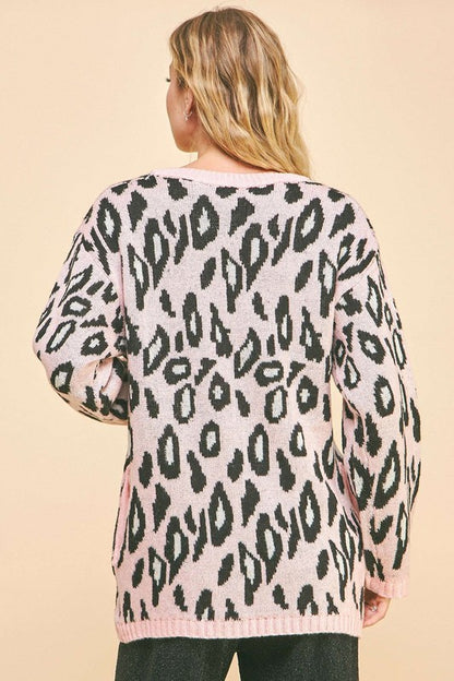 Davi &amp; Dani Leopard Ribbon Tie Front Loose Fit Cardigan