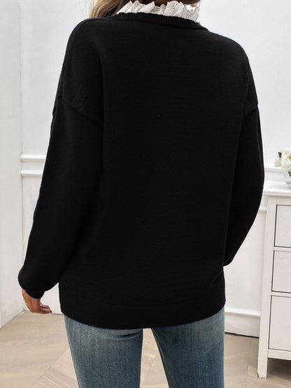 Lace Detail Notched Long Sleeve Sweater - Tote and Lounge