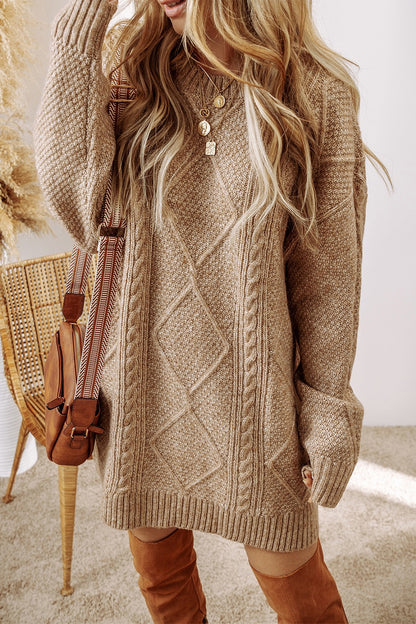 Cable-Knit Round Neck Sweater Dress - Tote and Lounge