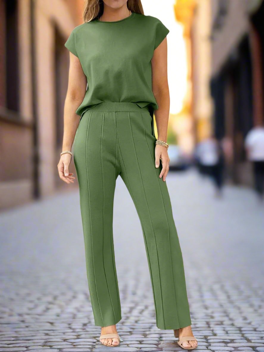 Round Neck Cap Sleeve Top and Pants Knit Set