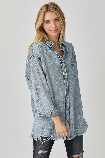 RISEN Distressed Raw Hem Denim Shirt - Tote and Lounge