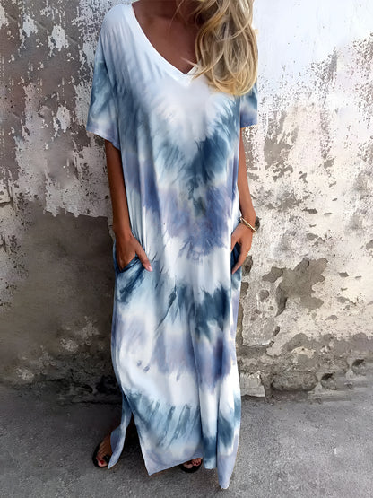 Full Size Pocketed Tie-Dye Short Sleeve Dress - Tote and Lounge