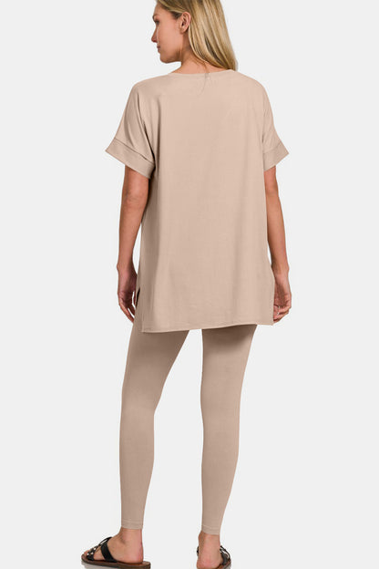 Zenana Full Size V-Neck Rolled Short Sleeve T-Shirt and Leggings Lounge Set - Tote and Lounge