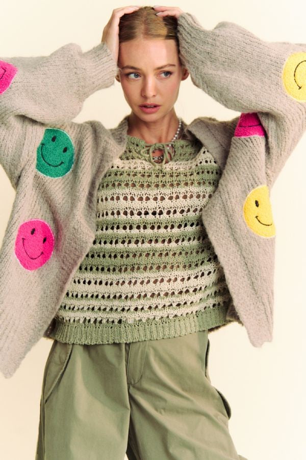 Davi &amp; Dani Fuzzy Smile Open Front Long Sleeve Cardigan