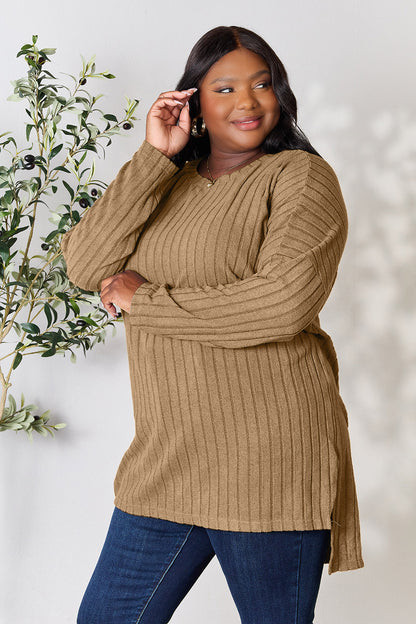 Basic Bae Full Size Ribbed Round Neck Long Sleeve Slit Top - Tote and Lounge