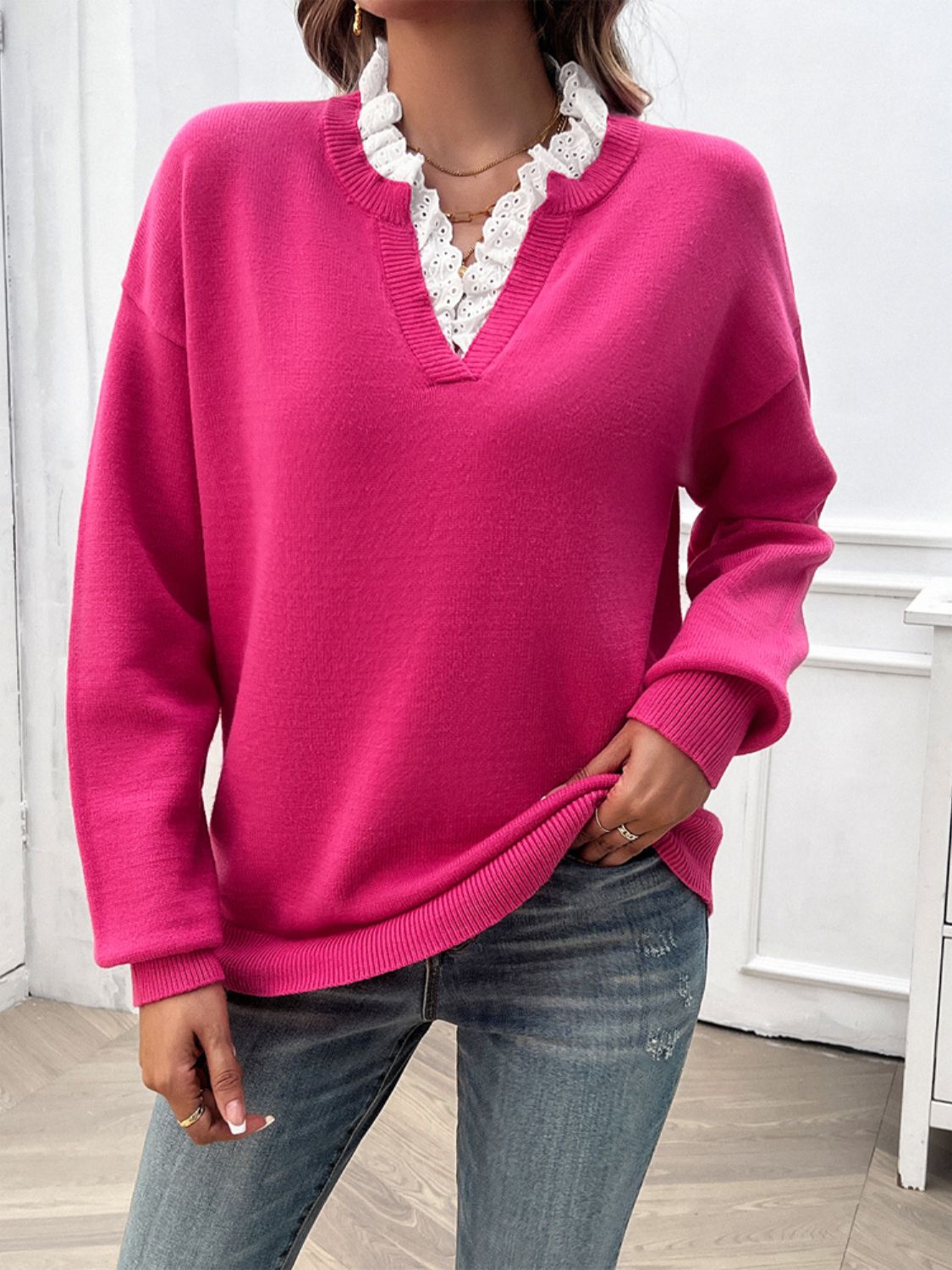 Lace Detail Notched Long Sleeve Sweater - Tote and Lounge