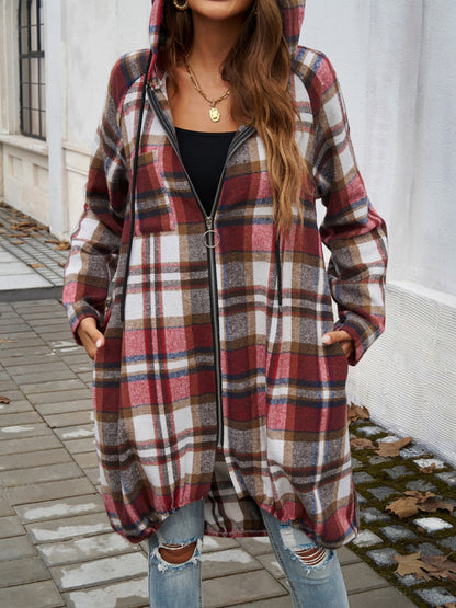 Plaid Zip Up Hooded Coat - Tote and Lounge