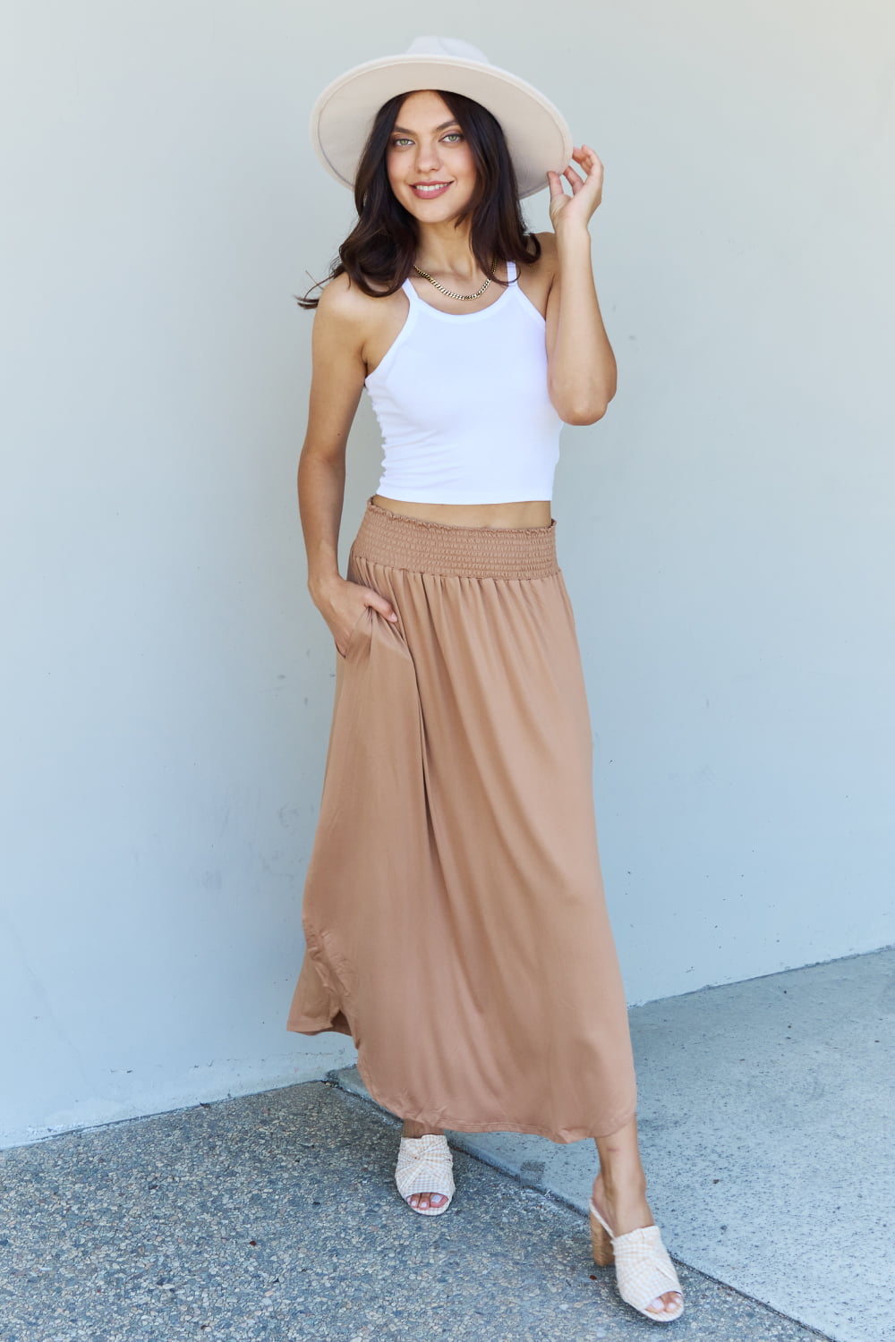 Doublju Comfort Princess Full Size High Waist Scoop Hem Maxi Skirt in Tan - Tote and Lounge