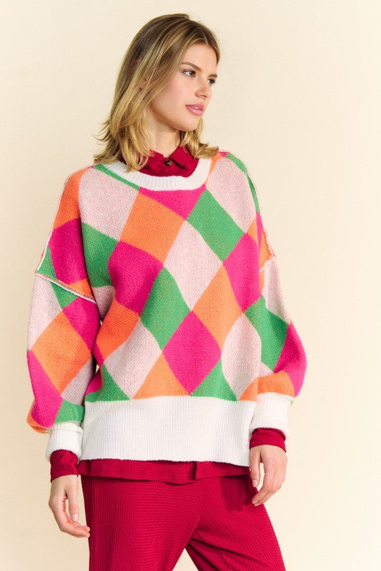 Davi &amp; Dani Exposed Seam Color Block Dropped Shoulder Sweater