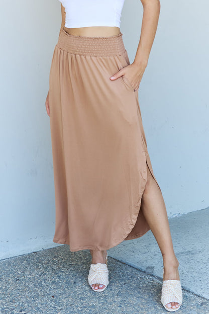 Doublju Comfort Princess Full Size High Waist Scoop Hem Maxi Skirt in Tan - Tote and Lounge
