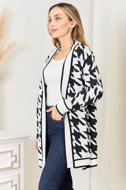 Woven Right Houndstooth Open Front Longline Cardigan - Tote and Lounge
