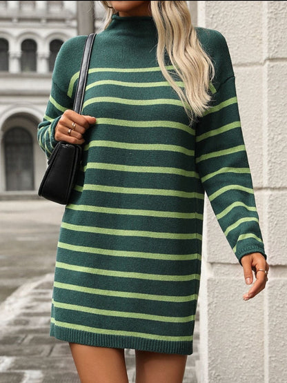 Striped Mock Neck Long Sleeve Mini Dress - Tote and Lounge