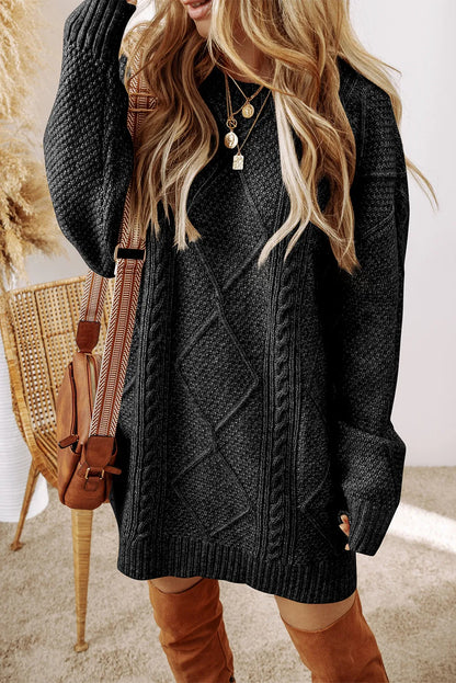 Cable-Knit Round Neck Sweater Dress - Tote and Lounge
