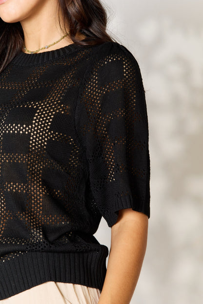 Ribbed Trim Round Neck Knit Top - Tote and Lounge