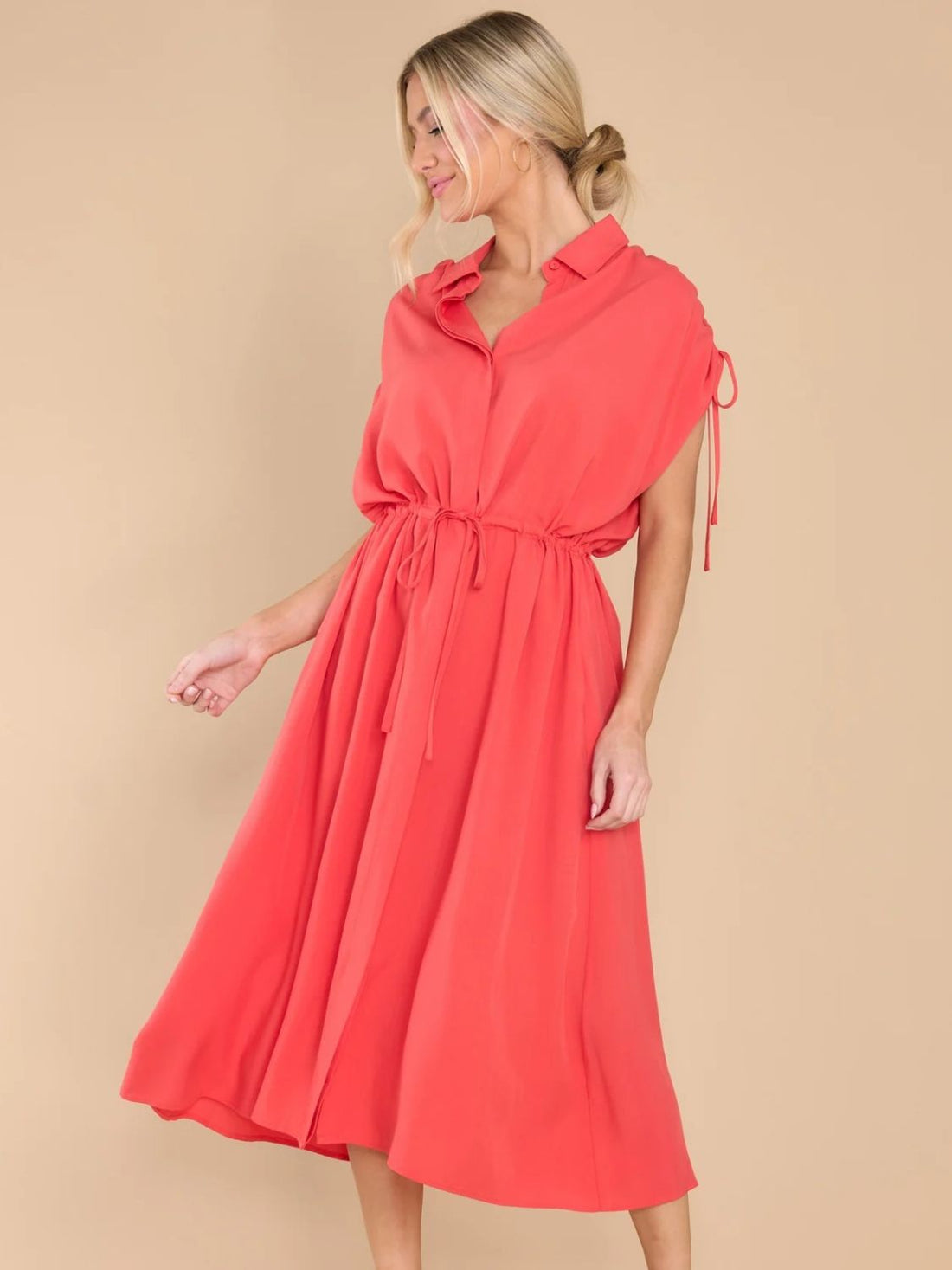 Drawstring Collared Neck Short Sleeve Midi Dress - Tote and Lounge