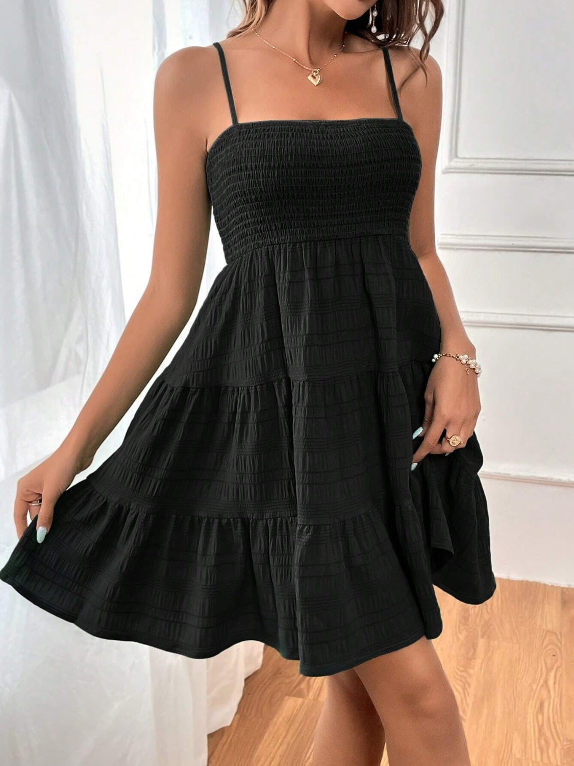 Smocked Tiered Sleeveless Mini Dress - Tote and Lounge