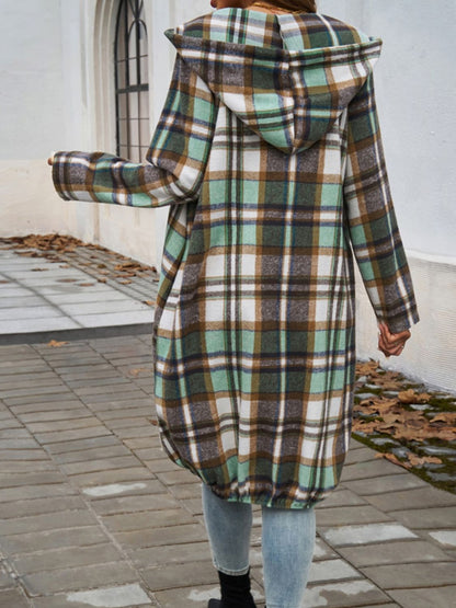 Plaid Zip Up Hooded Coat - Tote and Lounge