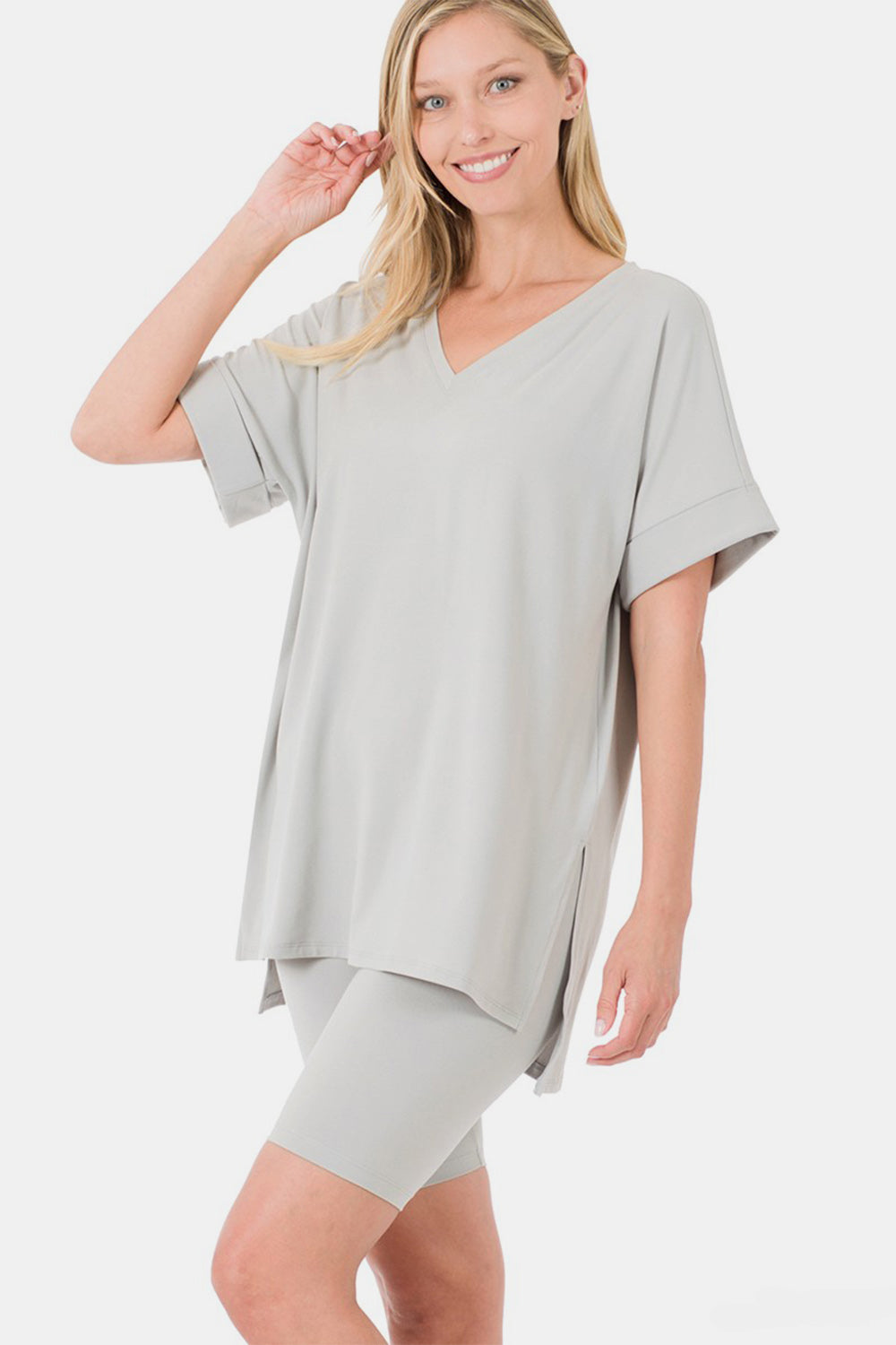 Zenana Full Size V-Neck Short Sleeve Slit T-Shirt and Shorts Set - Tote and Lounge